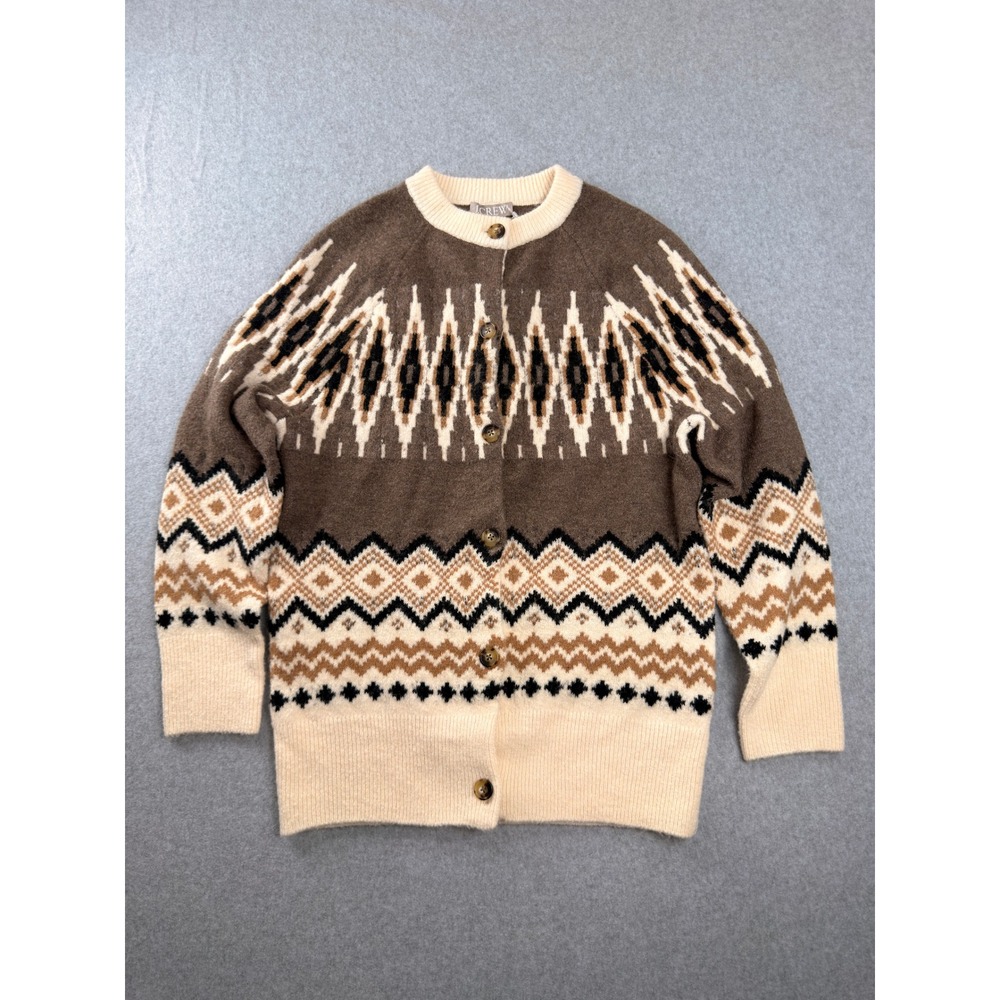 J.Crew Women Brown Fair Isle Merino Alpaca Blend Cardigan Grandma Size Small